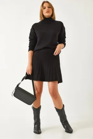 Rochie eleganta -  set tricotat - guler inalt - negru - tricot -