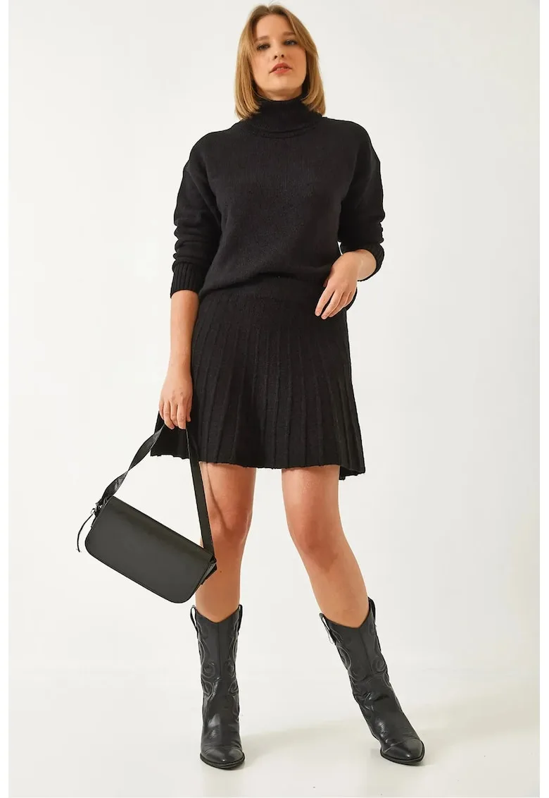 Rochie eleganta - set tricotat - guler inalt - negru - tricot -