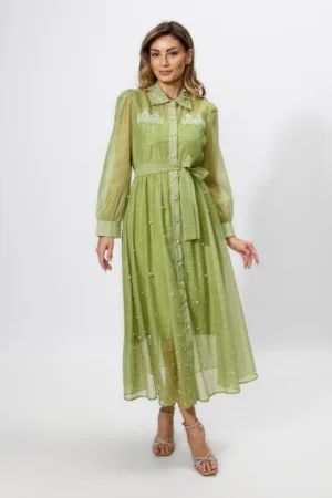 Rochie eleganta tip camasa accesorizata cu perlute Soneva Vernil