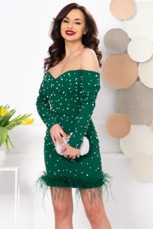 Rochie eleganta verde Briana pretioasa cu perle si fulgi