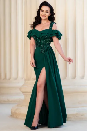 Rochie eleganta verde Christa cu bust brodat si volane