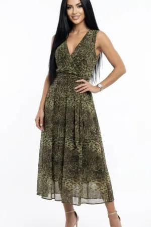 Rochie eleganta verde cu imprimeu leopard si croi in clos