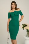 Rochie eleganta verde cu umeri goi si floare pe bust