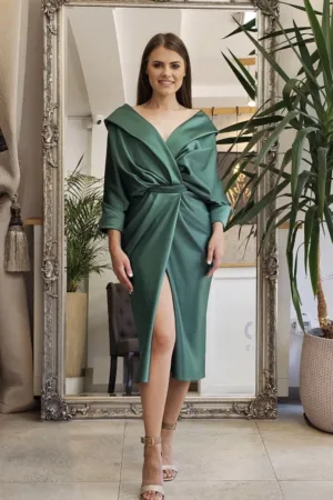 Rochie eleganta verde din tafta cu pense la talie si bust