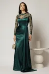 Rochie eleganta verde lunga de seara din lycra si dantela la bust si maneci