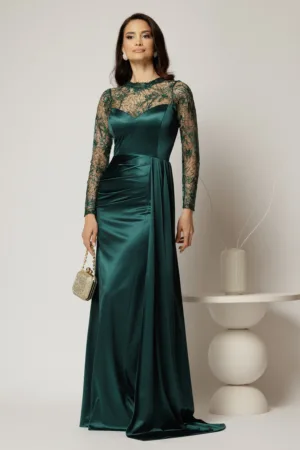 Rochie eleganta verde lunga de seara din lycra si dantela la bust si maneci