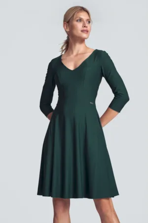 Rochie evazata M709 - verde - decolteu in V - maneci 3/4 - viscoza