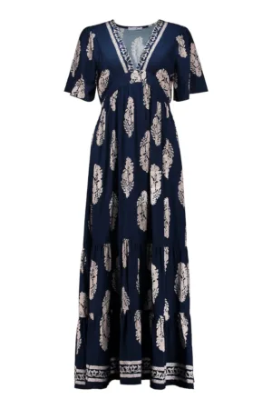 Rochie evazata cu decolteu in V si model floral