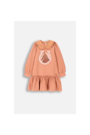 Rochie evazata cu guler Peter-Pan detasabil si imprimeu frontal - Portocaliu persan