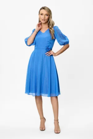 Rochie evazata cu maneci bufante semi-transparente si aplicatie florala Alison