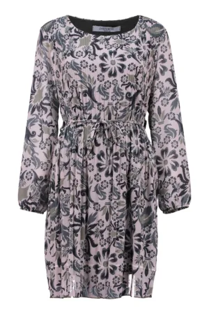 Rochie evazata cu model floral - Negru stins - verde militar prafuit - Roz prafuit -