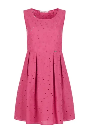 Rochie evazata cu pliuri inversate si broderie englezeasca - L