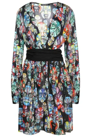 Rochie evazata de dama  multicolor - cu centura - poliester -