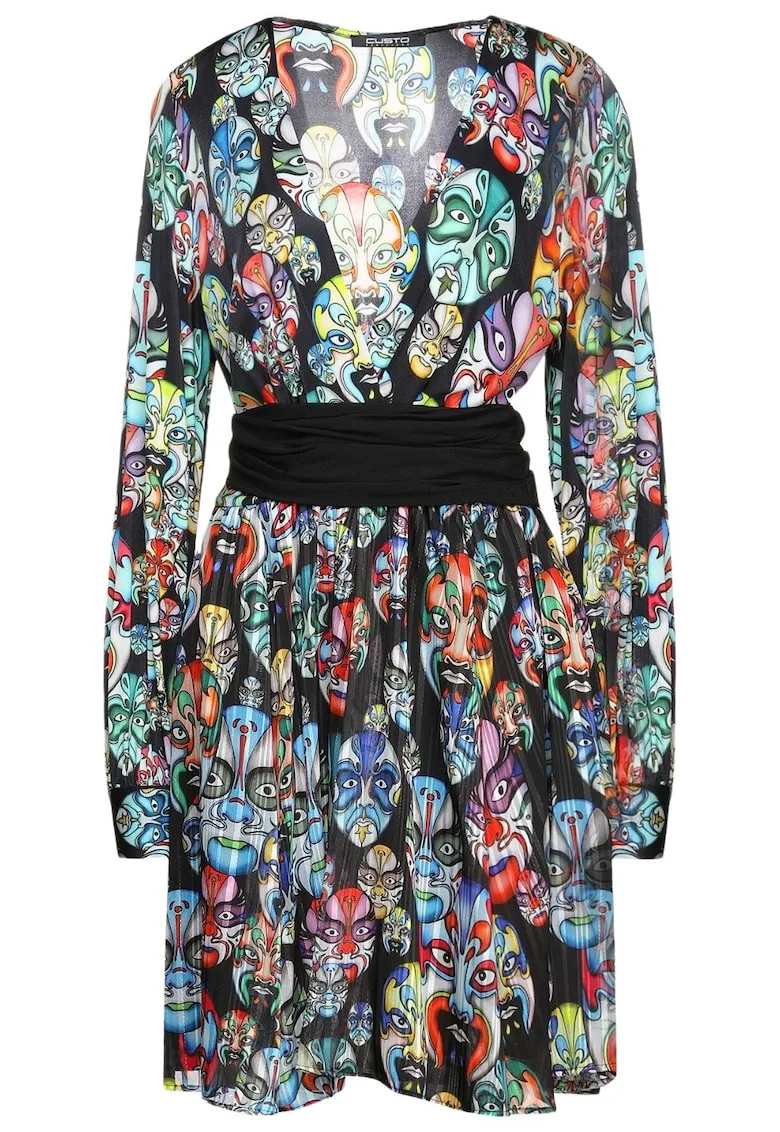 Rochie evazata de dama multicolor - cu centura - poliester -