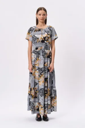 Rochie evazata din amestec de in cu imprimeu