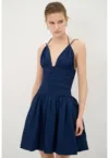 Rochie evazata din amestec de in cu pliuri si bretele ajustabile