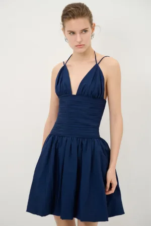 Rochie evazata din amestec de in cu pliuri si bretele ajustabile
