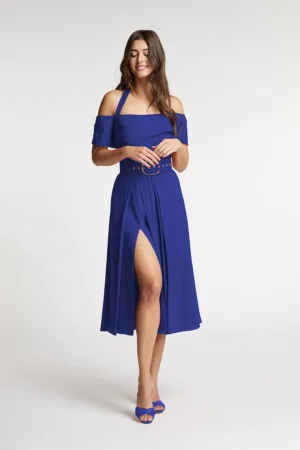 Rochie evazata din amestec de in cu slit lateral adanc Chimera