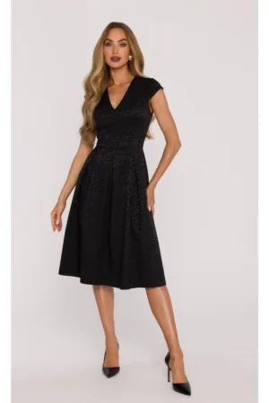 Rochie evazata din jacquard cu maneci scurte