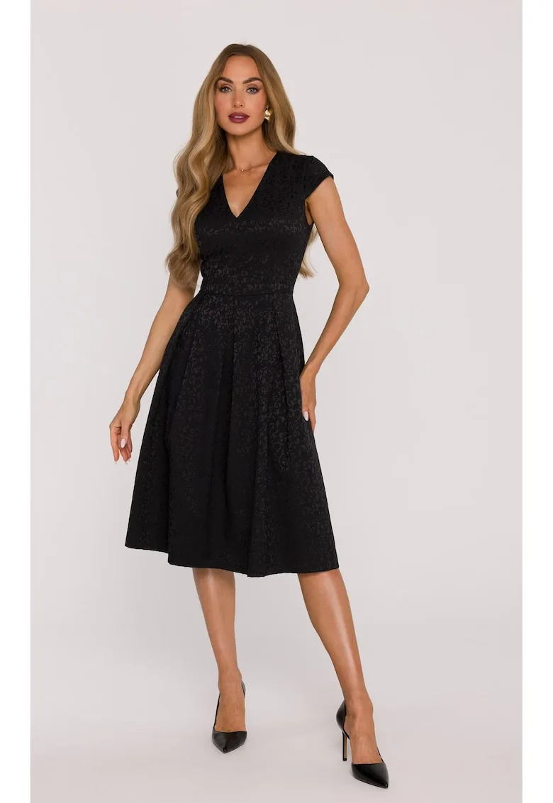 Rochie evazata din jacquard cu maneci scurte