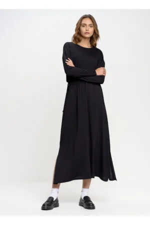 Rochie evazata din modal cu maneci cazute - Negru