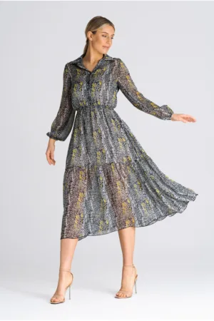 Rochie evazata - guler gri - floral - poliester