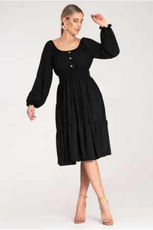 Rochie evazata model cu volane - neagra - poliester -