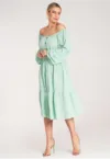 Rochie evazata -  verde - cu volane - poliester -