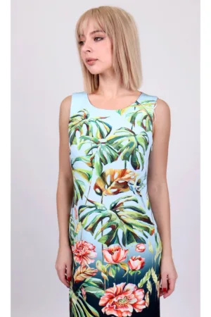 Rochie fara maneci cu imprimeu tropical