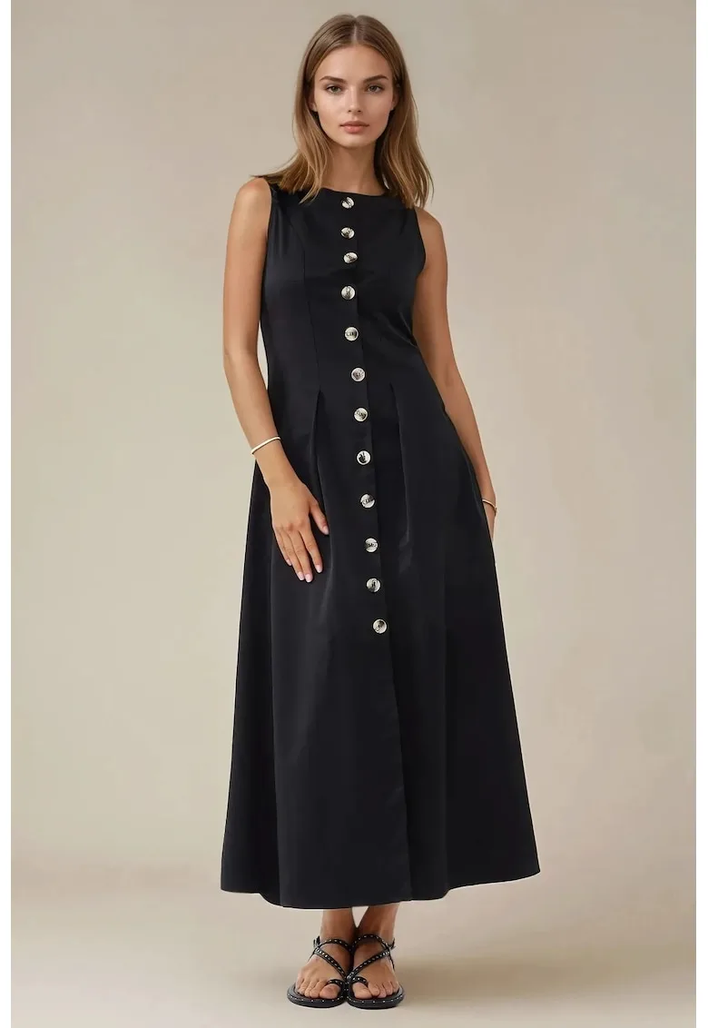 Rochie fara maneci - cu nasturi - neagra - textil