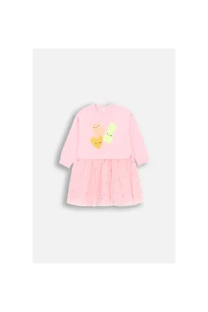 Rochie fete -  imprimeu - volan din tul - roz - bumbac