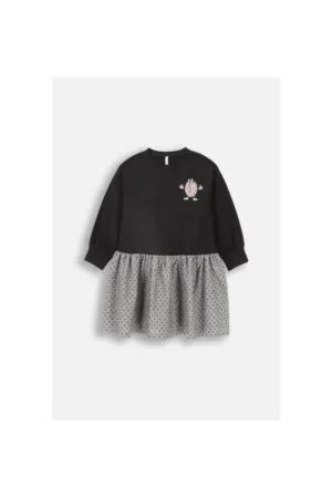 Rochie fete -  maneci bufante - imprimeu - negru - bumbac