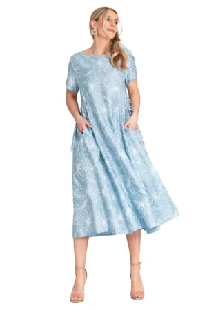 Rochie floral - albastra - material respirabil - legaturi laterale - viscoza/nylon -