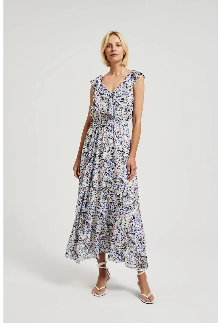 Rochie florala cu volanas la decolteu in albastru deschis