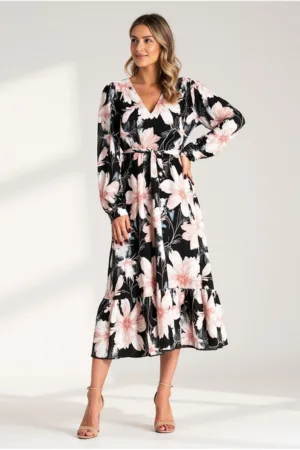 Rochie florala cu volane - neagra - 100% poliester -