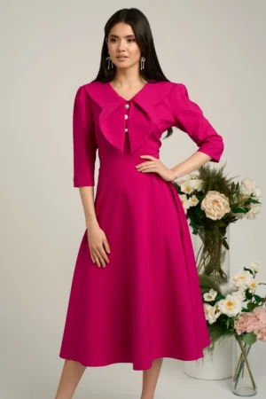 Rochie fucsia clos de ocazie cu guler maxi si nasturi perluta
