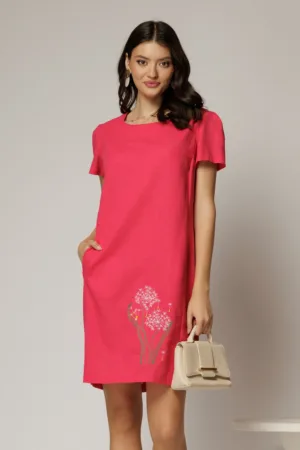 Rochie fucsia din in cu flori brodate si croi drept