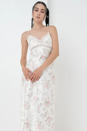 Rochie-furou maxi din satin cu detalii de dantela