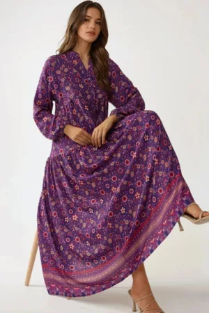 Rochie  imprimeu - decolteu in V - violet - textil