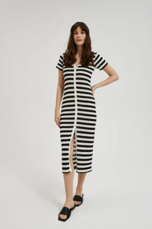 Rochie in dungi cu nasturi - negru-bej