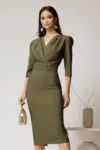 Rochie kaki conica cu decolteu petrecut si cordon in talie
