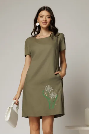 Rochie kaki din in cu flori brodate si croi drept