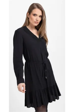 Rochie lejera din viscoza cu maneci lungi -  G-Peya - decolteu in V - neagra