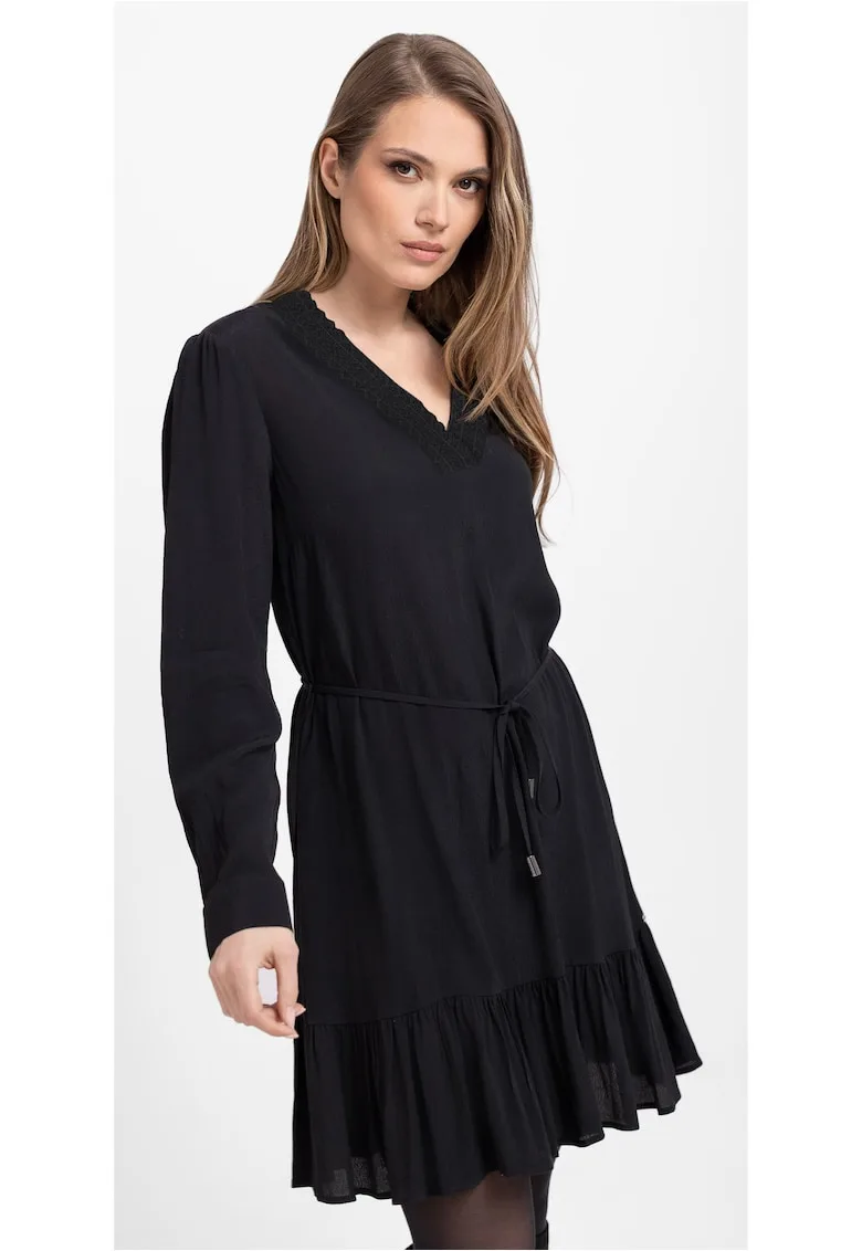 Rochie lejera din viscoza cu maneci lungi - G-Peya - decolteu in V - neagra