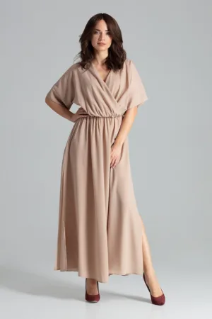 Rochie lunga L055 - eleganta - cu talie elastica - bej - poliester 100%
