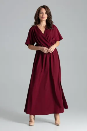 Rochie lunga L055 - eleganta - cu talie elastica - burgundy - poliester 80%