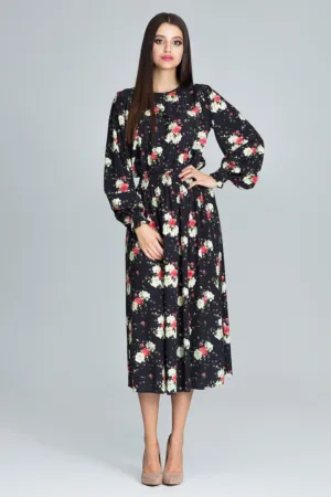 Rochie lunga M600 - florala - neagra - din poliester - cu maneci lungi -