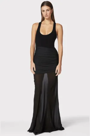 Rochie lunga - accentuata de o fusta semitransparenta si detalii drapate pe talie