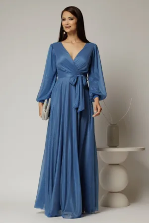 Rochie lunga albastra cu glitter cu decolteu petrecut si cordon in talie