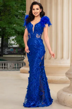 Rochie lunga albastra sirena Alejandra cu glitter si flori decorative